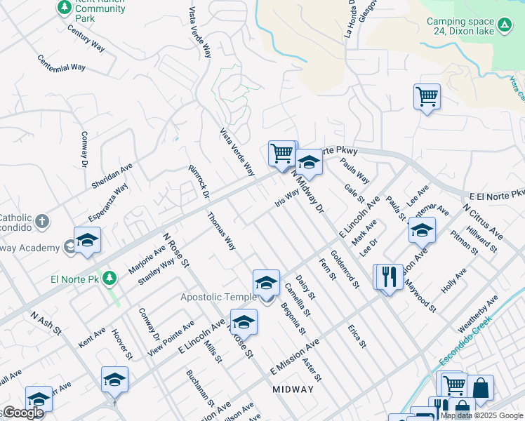 map of restaurants, bars, coffee shops, grocery stores, and more near 1160 Erica Street in Escondido