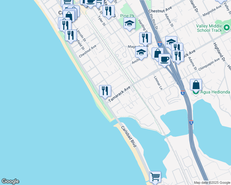 map of restaurants, bars, coffee shops, grocery stores, and more near 3878 Garfield Street in Carlsbad