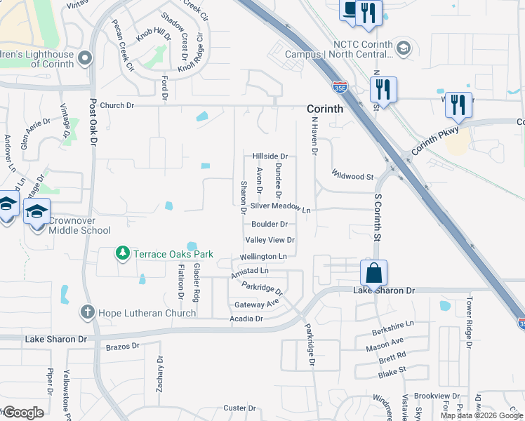 map of restaurants, bars, coffee shops, grocery stores, and more near 2509 Silvermeadow Lane in Denton