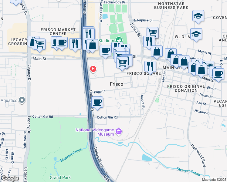 map of restaurants, bars, coffee shops, grocery stores, and more near 8455 Grace Street in Frisco
