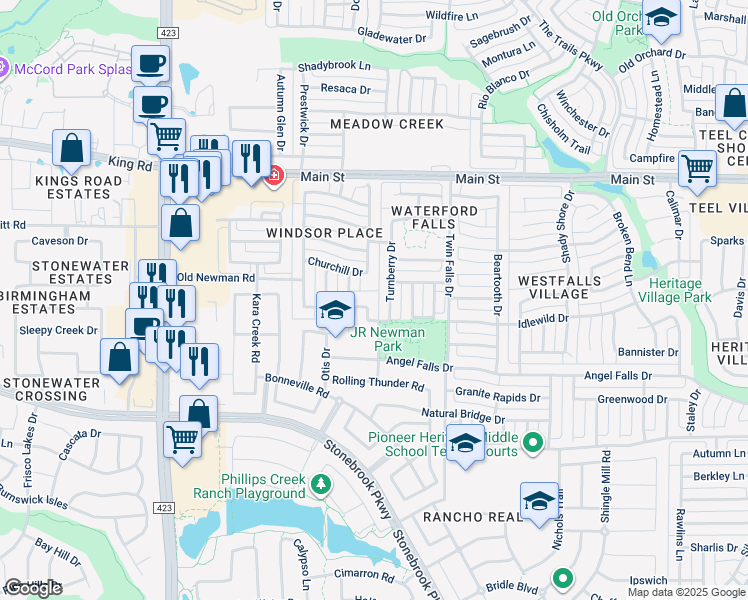 map of restaurants, bars, coffee shops, grocery stores, and more near 8402 Kingston Lane in Frisco