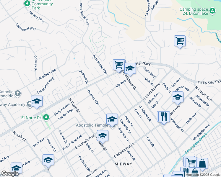map of restaurants, bars, coffee shops, grocery stores, and more near 1160 Erica Street in Escondido