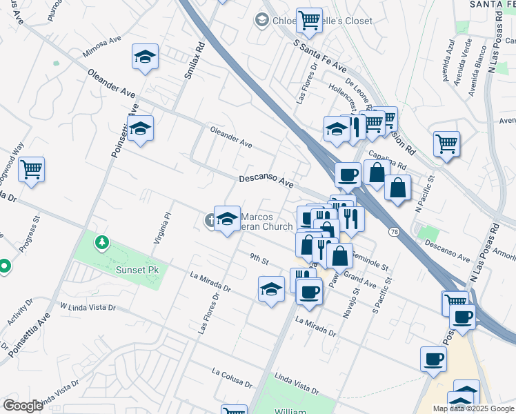 map of restaurants, bars, coffee shops, grocery stores, and more near 150 South Rancho Santa Fe Road in San Marcos
