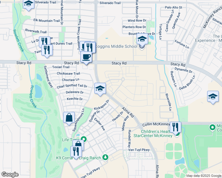 map of restaurants, bars, coffee shops, grocery stores, and more near 7413 Alton Drive in McKinney