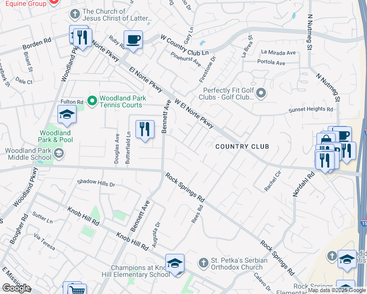 map of restaurants, bars, coffee shops, grocery stores, and more near 1631 Toyon Glen in Escondido