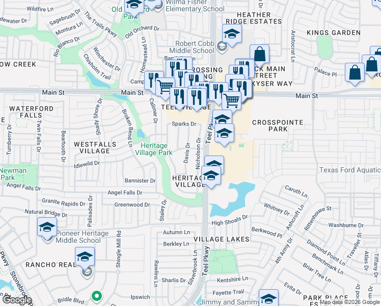 map of restaurants, bars, coffee shops, grocery stores, and more near 8415 Nicholson Drive in Frisco