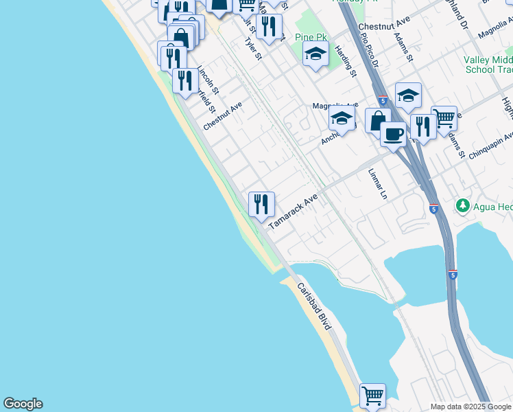 map of restaurants, bars, coffee shops, grocery stores, and more near 3824 Carlsbad Boulevard in Carlsbad