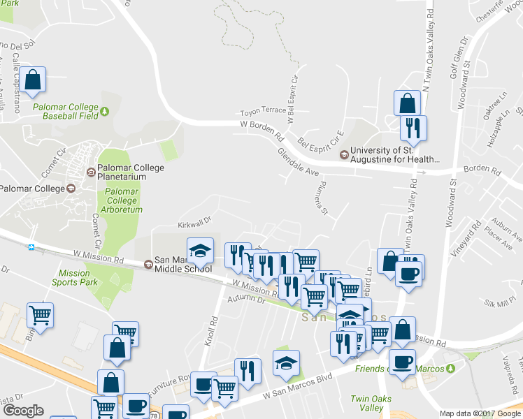 map of restaurants, bars, coffee shops, grocery stores, and more near 522 Rattlesnake Gulch in San Marcos