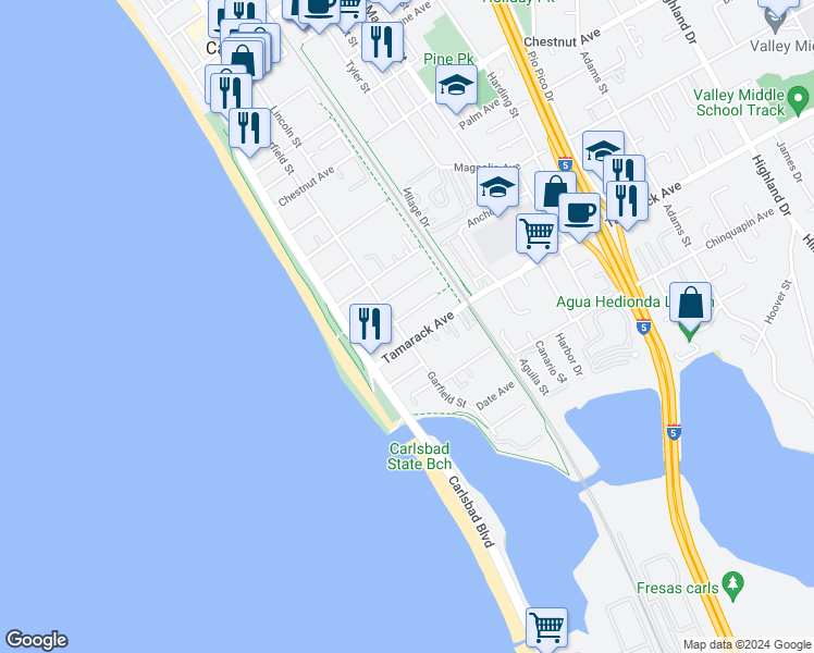 map of restaurants, bars, coffee shops, grocery stores, and more near 3870 Garfield Street in Carlsbad