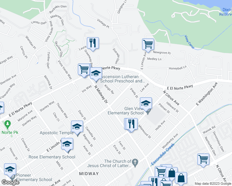 map of restaurants, bars, coffee shops, grocery stores, and more near 1014 Kings Road in Escondido