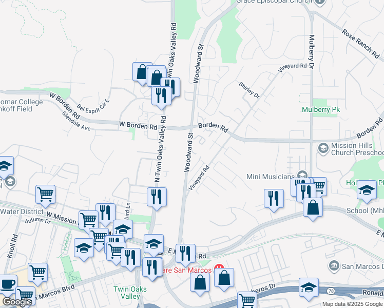 map of restaurants, bars, coffee shops, grocery stores, and more near 635 Woodward Street in San Marcos