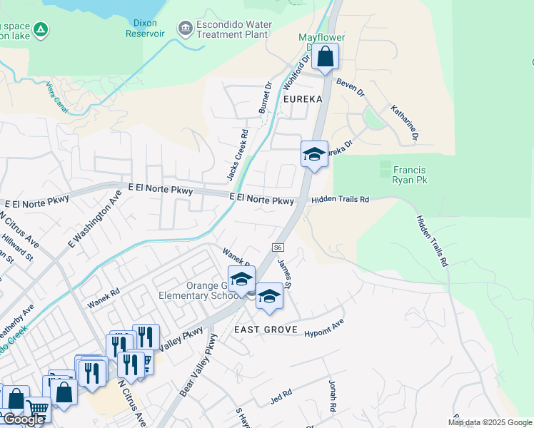 map of restaurants, bars, coffee shops, grocery stores, and more near 444 Las Brisas Drive in Escondido
