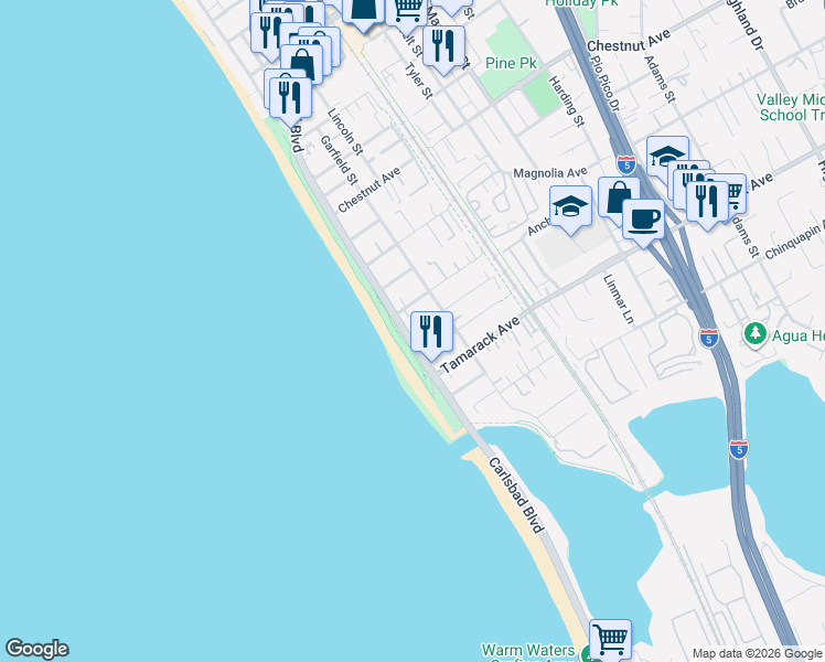 map of restaurants, bars, coffee shops, grocery stores, and more near 3824 Carlsbad Boulevard in Carlsbad