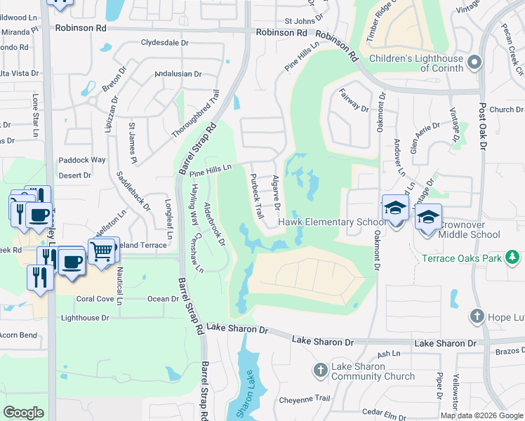 map of restaurants, bars, coffee shops, grocery stores, and more near 6821 Purbeck Trail in Corinth