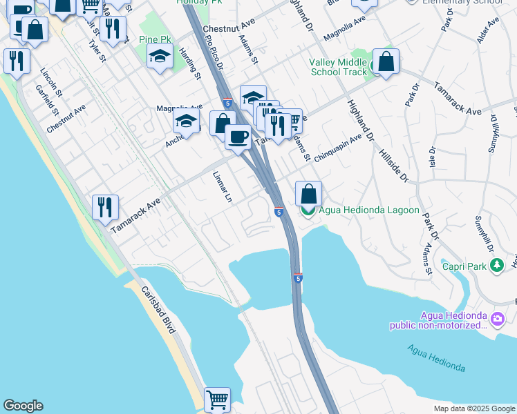 map of restaurants, bars, coffee shops, grocery stores, and more near 4012 Layang Layang Circle in Carlsbad