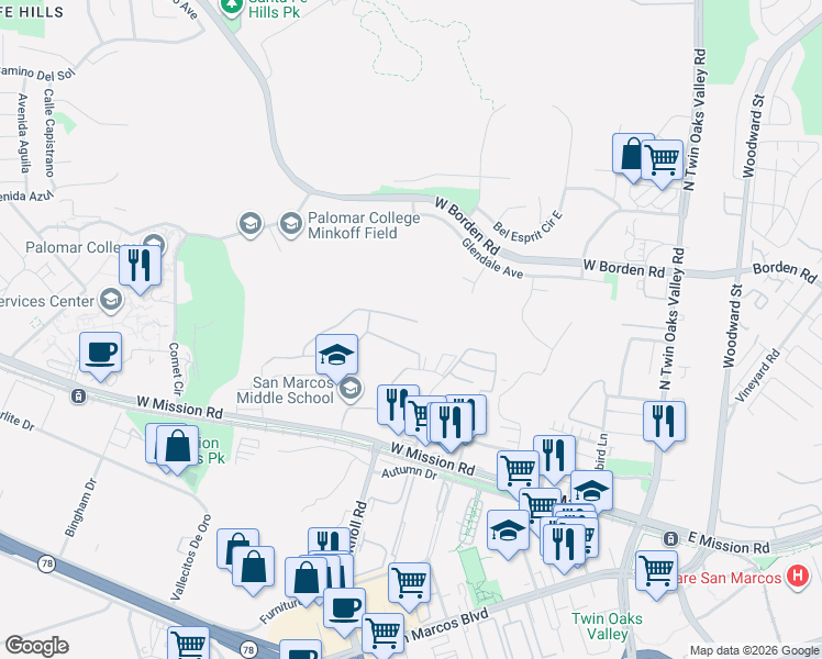 map of restaurants, bars, coffee shops, grocery stores, and more near 558 Dundee Lane in San Marcos