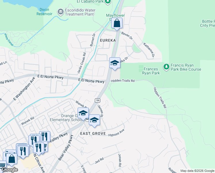 map of restaurants, bars, coffee shops, grocery stores, and more near 3137 East Valley Parkway in Escondido