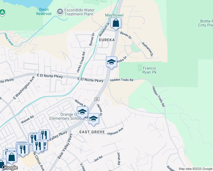 map of restaurants, bars, coffee shops, grocery stores, and more near 3137 East Valley Parkway in Escondido