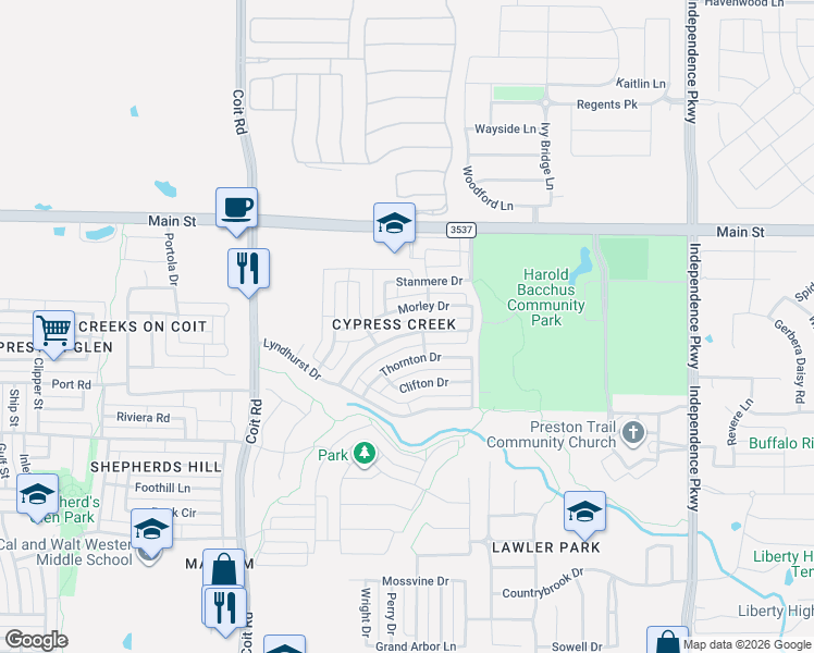 map of restaurants, bars, coffee shops, grocery stores, and more near 13367 Torrington Drive in Frisco