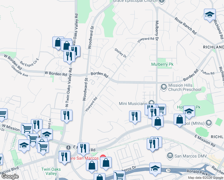 map of restaurants, bars, coffee shops, grocery stores, and more near 517 Barnett Drive in San Marcos