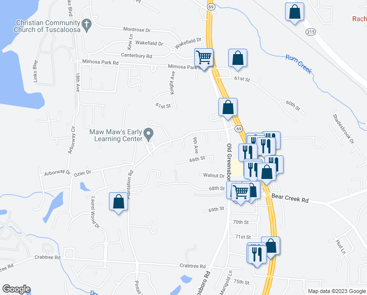 map of restaurants, bars, coffee shops, grocery stores, and more near 6507 10th Court in Tuscaloosa
