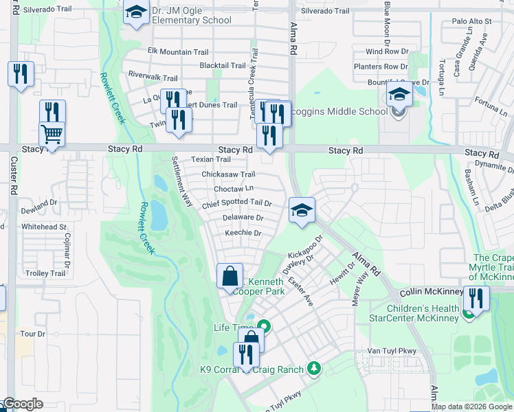 map of restaurants, bars, coffee shops, grocery stores, and more near 5501 Rowlett Creek Way in McKinney
