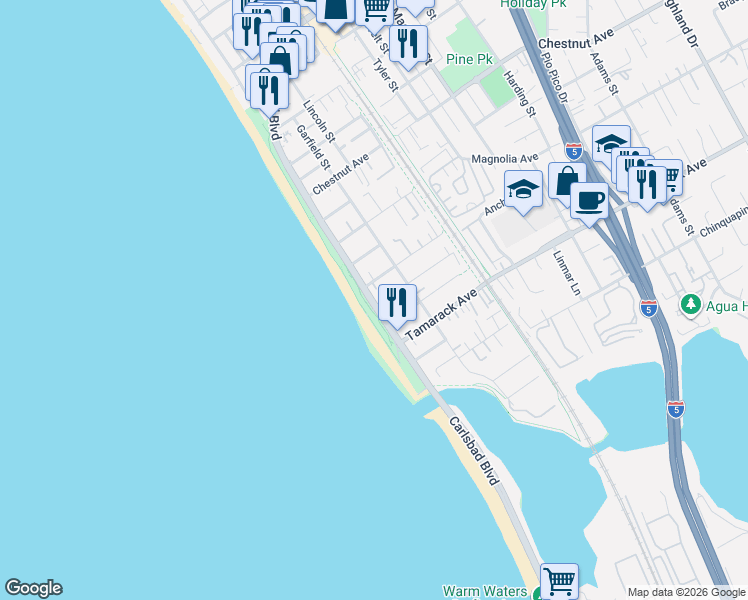 map of restaurants, bars, coffee shops, grocery stores, and more near 3824 Carlsbad Boulevard in Carlsbad