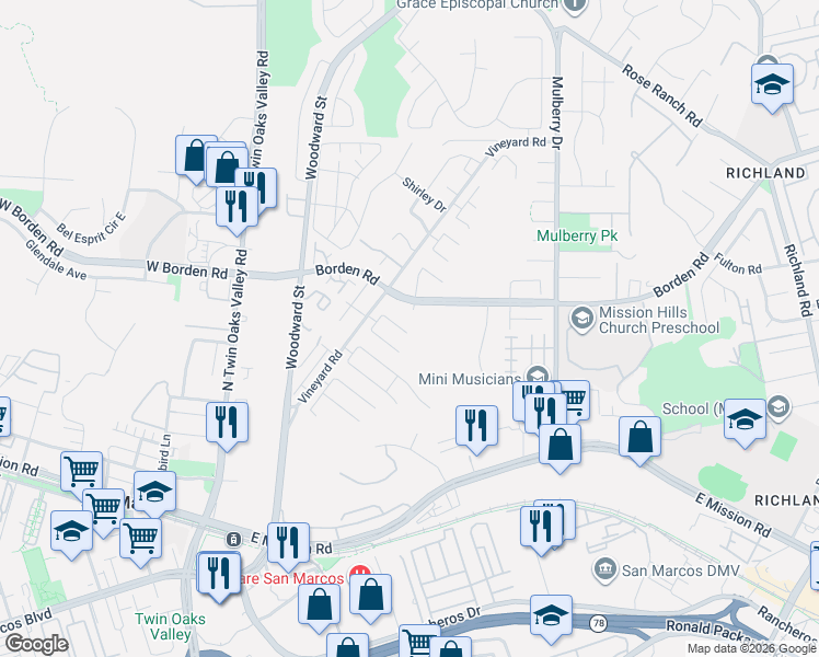 map of restaurants, bars, coffee shops, grocery stores, and more near 520 Barnett Drive in San Marcos