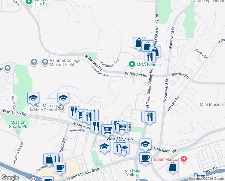 map of restaurants, bars, coffee shops, grocery stores, and more near 223 Petunia Court in San Marcos