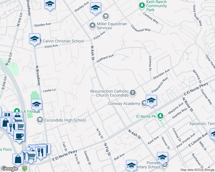map of restaurants, bars, coffee shops, grocery stores, and more near 1552 North Ash Street in Escondido