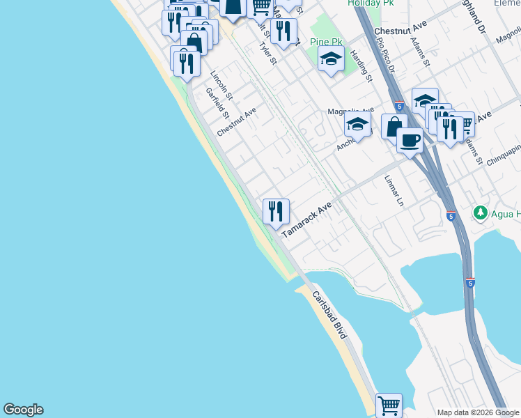 map of restaurants, bars, coffee shops, grocery stores, and more near 3724 Carlsbad Boulevard in Carlsbad