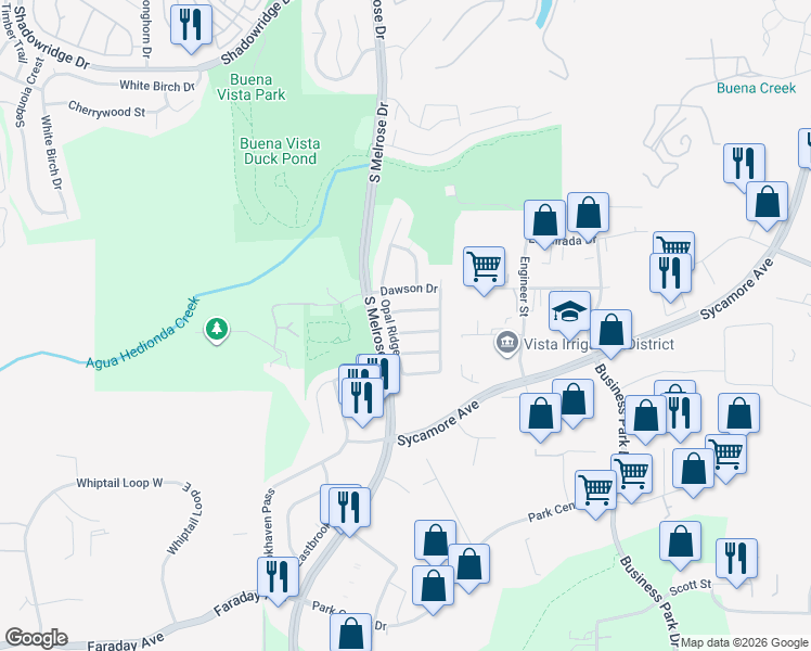 map of restaurants, bars, coffee shops, grocery stores, and more near 1549 Sapphire Lane in Vista