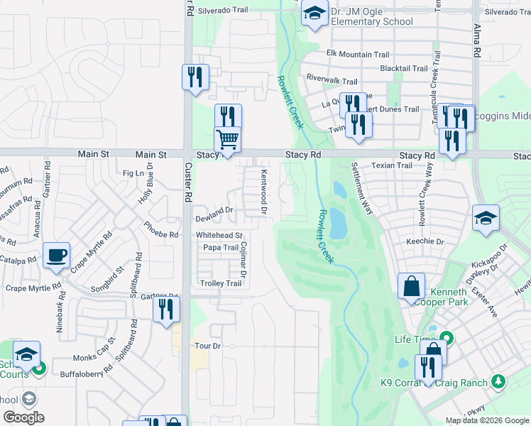 map of restaurants, bars, coffee shops, grocery stores, and more near 8637 Gracewood Drive in McKinney