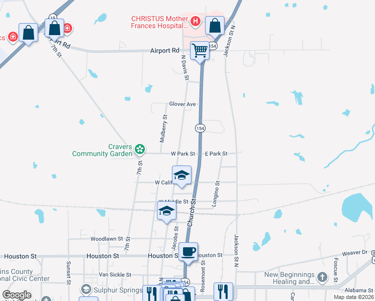 map of restaurants, bars, coffee shops, grocery stores, and more near 954 North Davis Street in Sulphur Springs