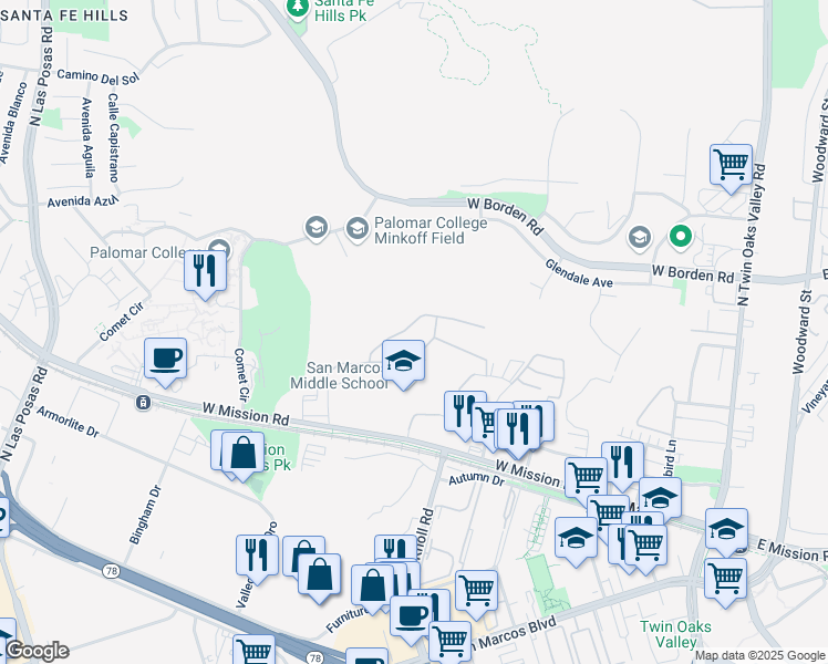 map of restaurants, bars, coffee shops, grocery stores, and more near 721 Helmsdale Road in San Marcos