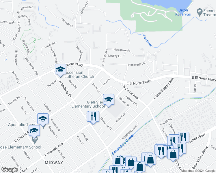 map of restaurants, bars, coffee shops, grocery stores, and more near 2230 Montemar Avenue in Escondido