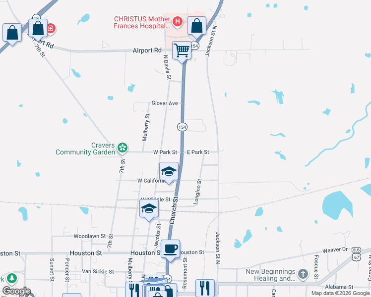 map of restaurants, bars, coffee shops, grocery stores, and more near 950 Church Street in Sulphur Springs