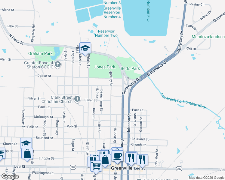 map of restaurants, bars, coffee shops, grocery stores, and more near 1213 Wesley Street in Greenville