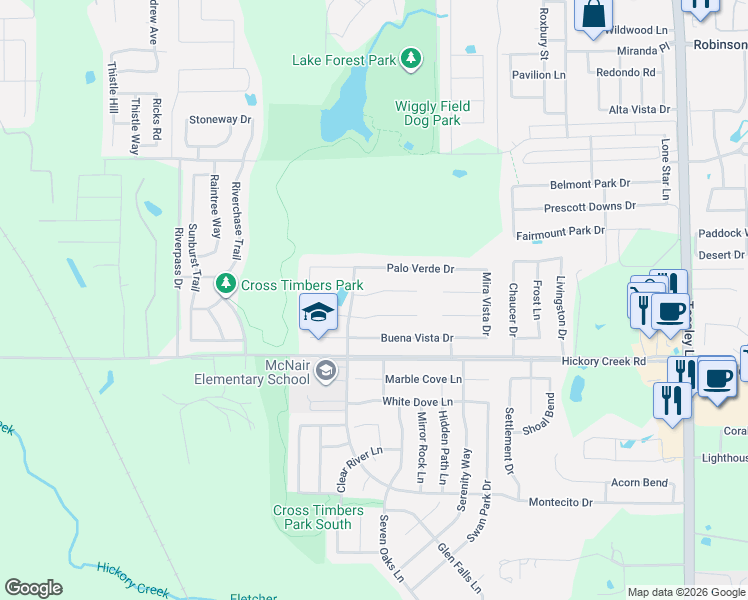 map of restaurants, bars, coffee shops, grocery stores, and more near 1312 Vista Verde Street in Denton