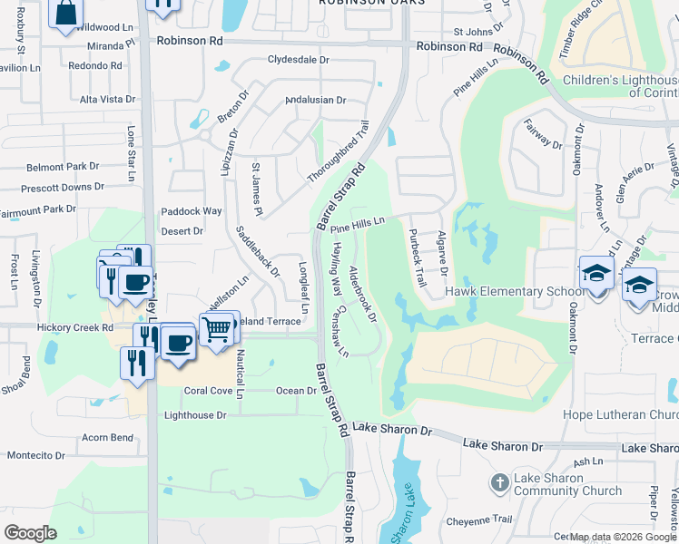 map of restaurants, bars, coffee shops, grocery stores, and more near 6720 Hayling Way in Denton