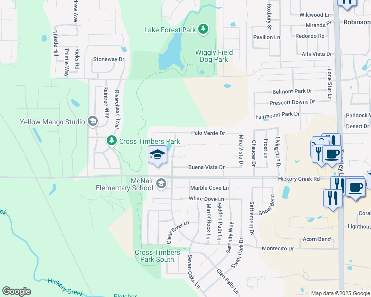 map of restaurants, bars, coffee shops, grocery stores, and more near 1312 Vista Verde Street in Denton