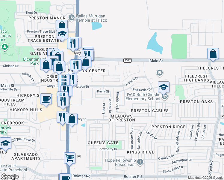 map of restaurants, bars, coffee shops, grocery stores, and more near 8405 Brightside Lane in Frisco