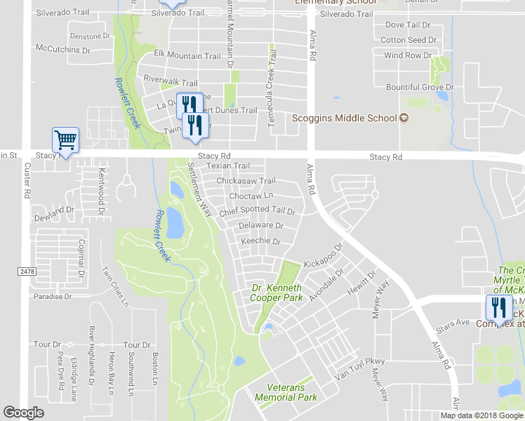 map of restaurants, bars, coffee shops, grocery stores, and more near 5401 Rowlett Creek Way in McKinney