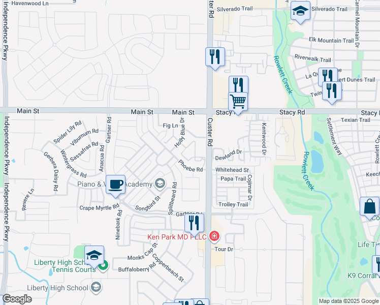 map of restaurants, bars, coffee shops, grocery stores, and more near Custer Road in Frisco