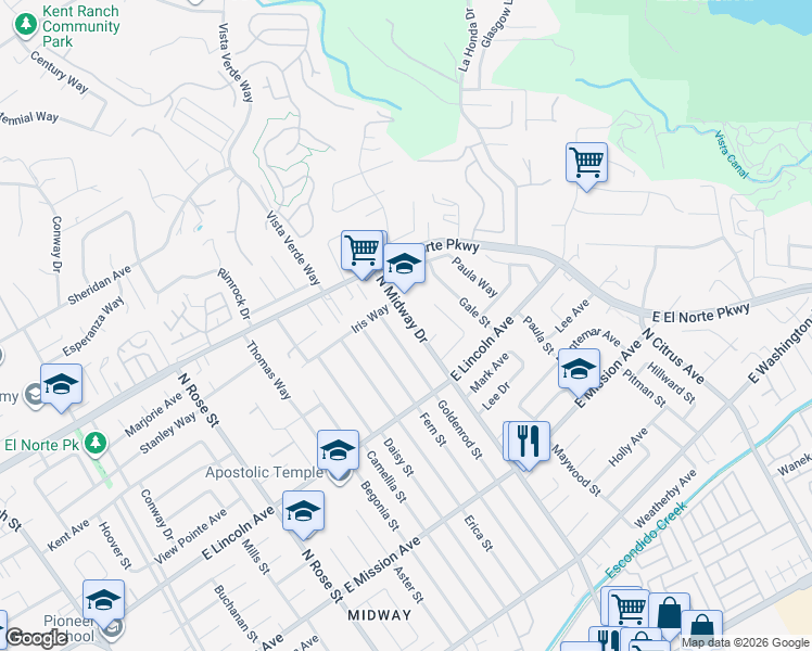 map of restaurants, bars, coffee shops, grocery stores, and more near 1039 North Midway Drive in Escondido