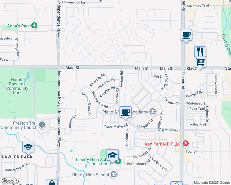 map of restaurants, bars, coffee shops, grocery stores, and more near 15356 Sassafras Road in Frisco