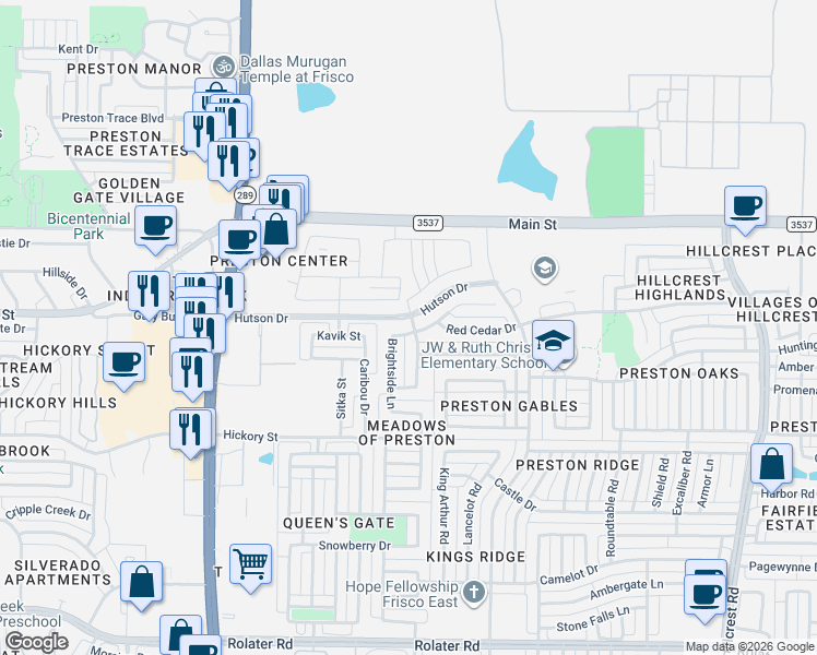 map of restaurants, bars, coffee shops, grocery stores, and more near 9720 Wyndbrook Drive in Frisco