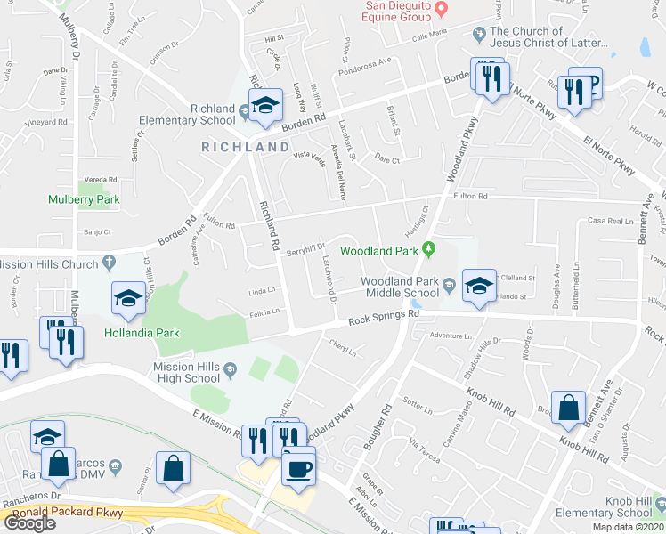 map of restaurants, bars, coffee shops, grocery stores, and more near 543 Larchwood Drive in San Marcos