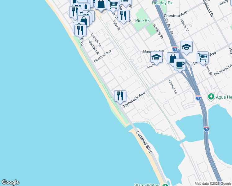 map of restaurants, bars, coffee shops, grocery stores, and more near 138 Juniper Avenue in Carlsbad