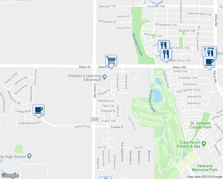 map of restaurants, bars, coffee shops, grocery stores, and more near Sutton Circle in McKinney